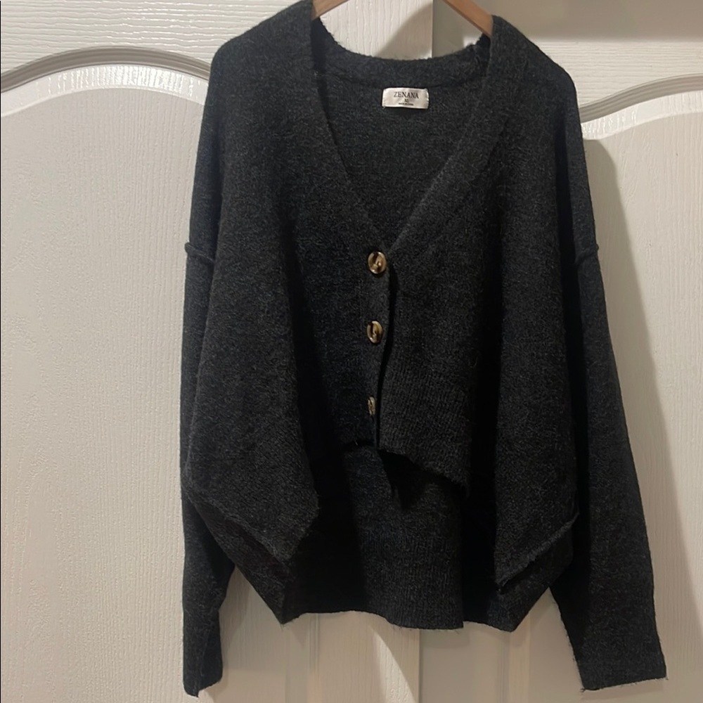Gray Relaxed Fit Cardigan Sweater with V-Neck​